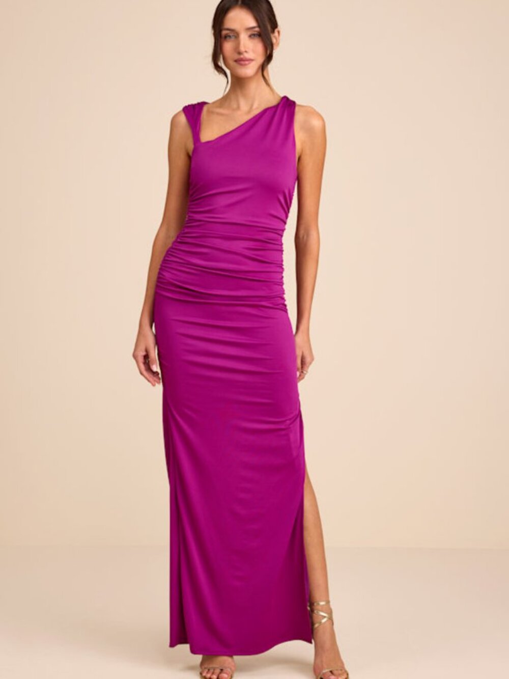 Lulus Enticing Darling Magenta Asymmetrical Ruched Maxi Dress L